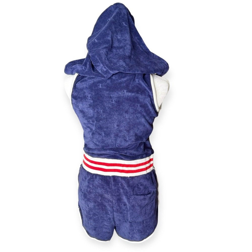 CHAMPION NWT Imperial Indigo Terry Cloth Varsity Hooded Sleeveless Romper, Small - Picture 10 of 13